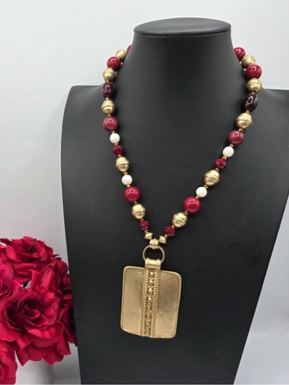 Chico’s Gold and Burgundy Statement Beaded Pendant Necklace